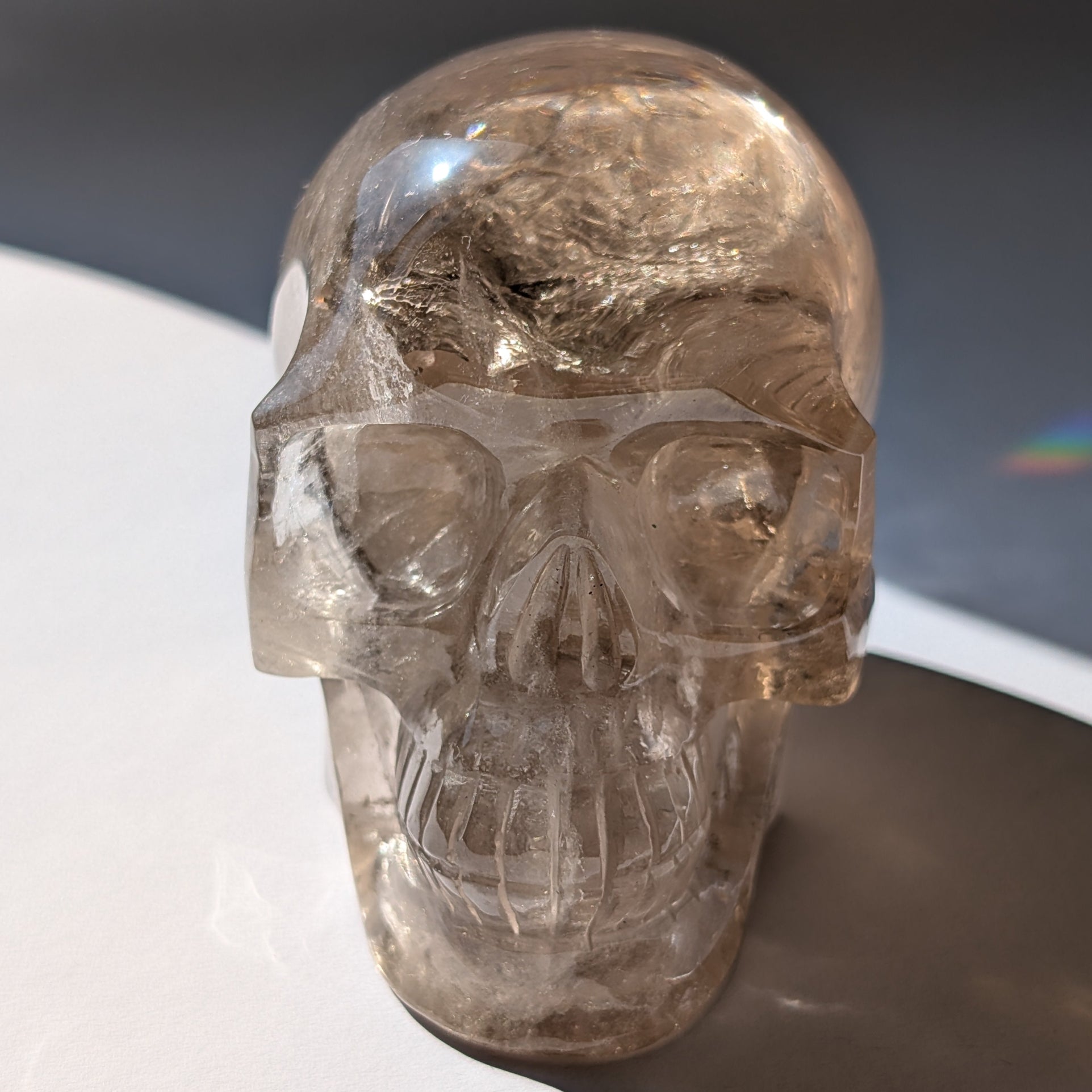 Ein 594g schwerer, klarer Rauchquarz-Schädel 'Der Wächter der Schatten' mit leuchtenden Regenbogen-Einschlüssen.
