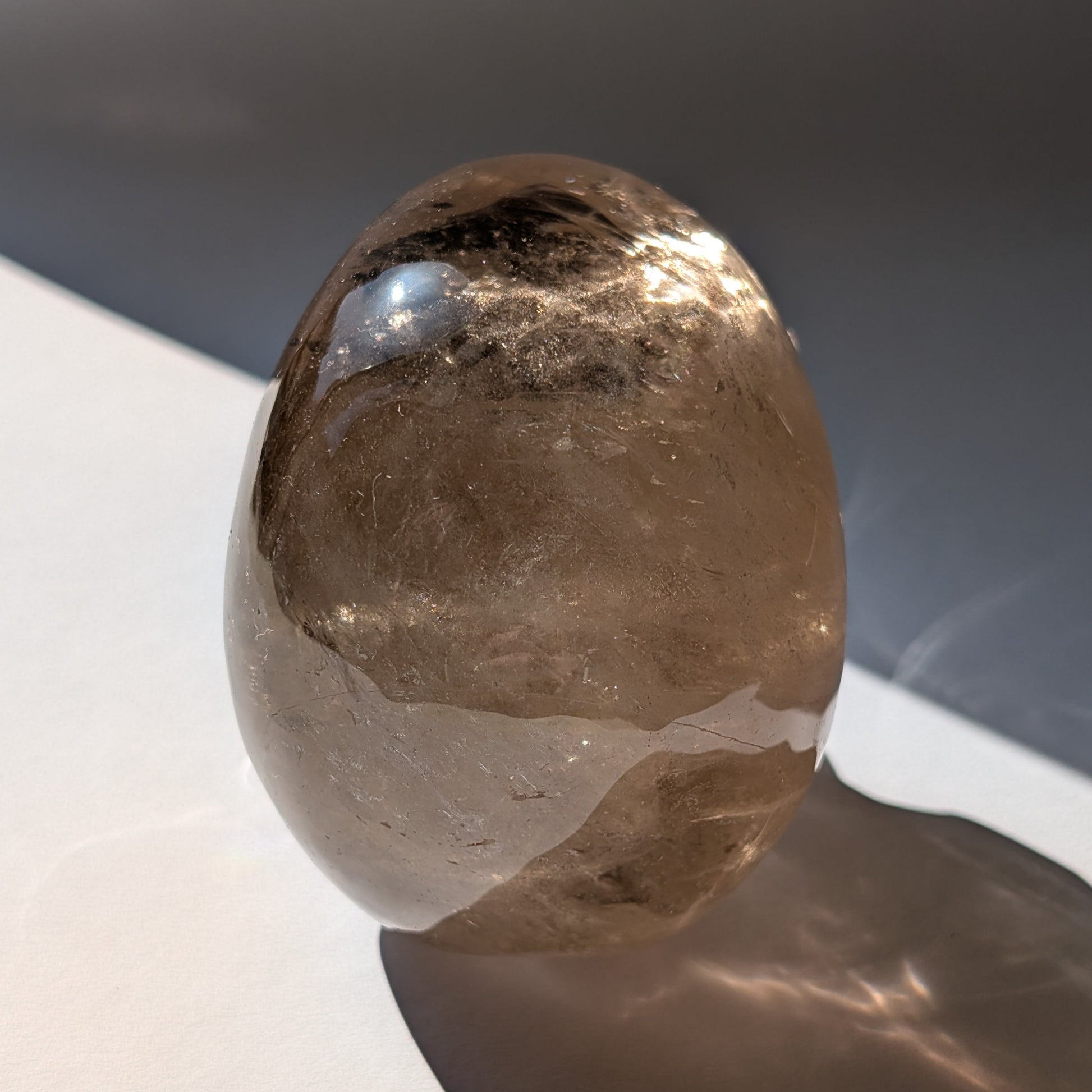 Ein 594g schwerer, klarer Rauchquarz-Schädel 'Der Wächter der Schatten' mit leuchtenden Regenbogen-Einschlüssen.