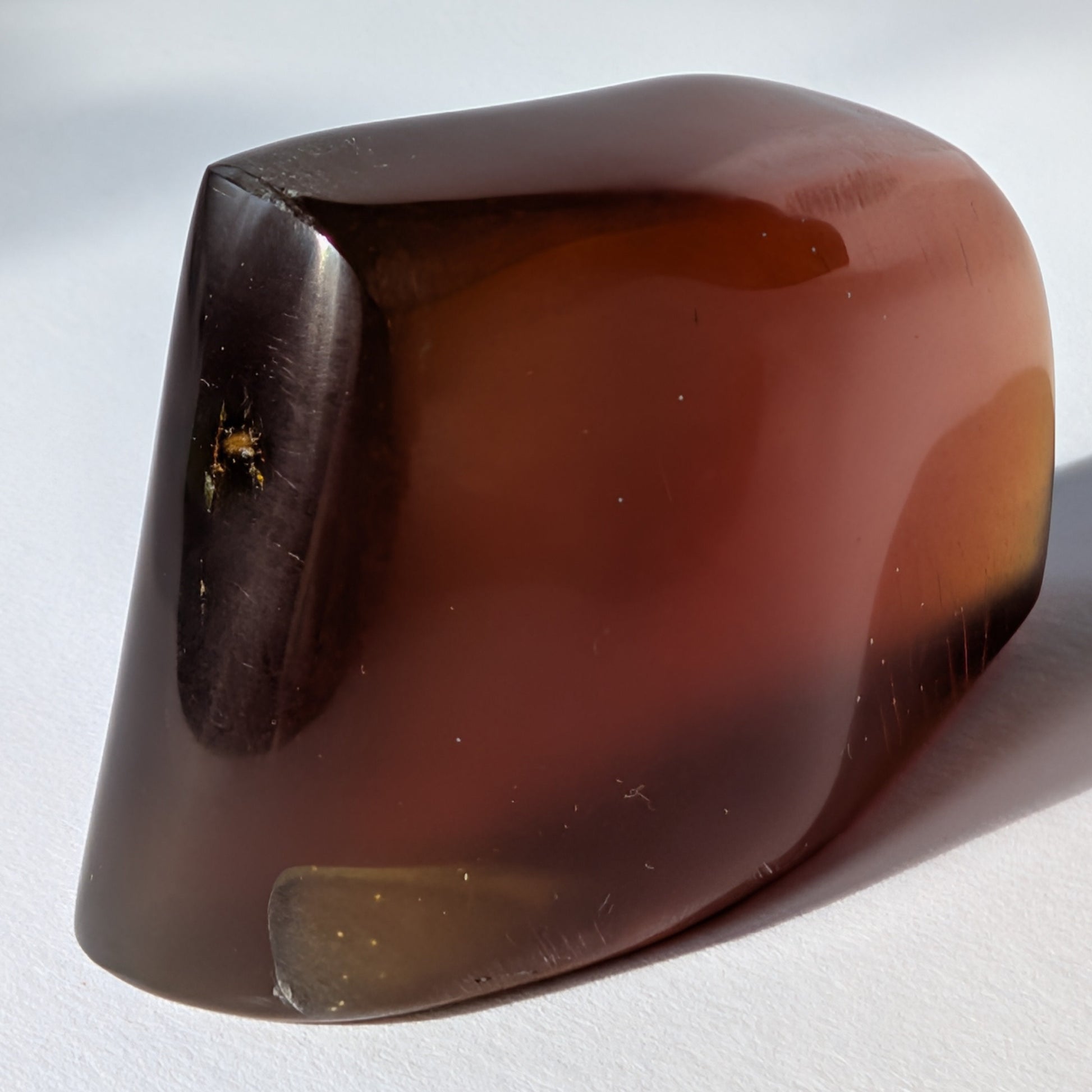 Ein großer, polierter Bicolor-Bernstein 'Die sanfte Flamme der Vorzeit', der sanft von tiefem Rot in einen goldenen Cognac-Ton übergeht.