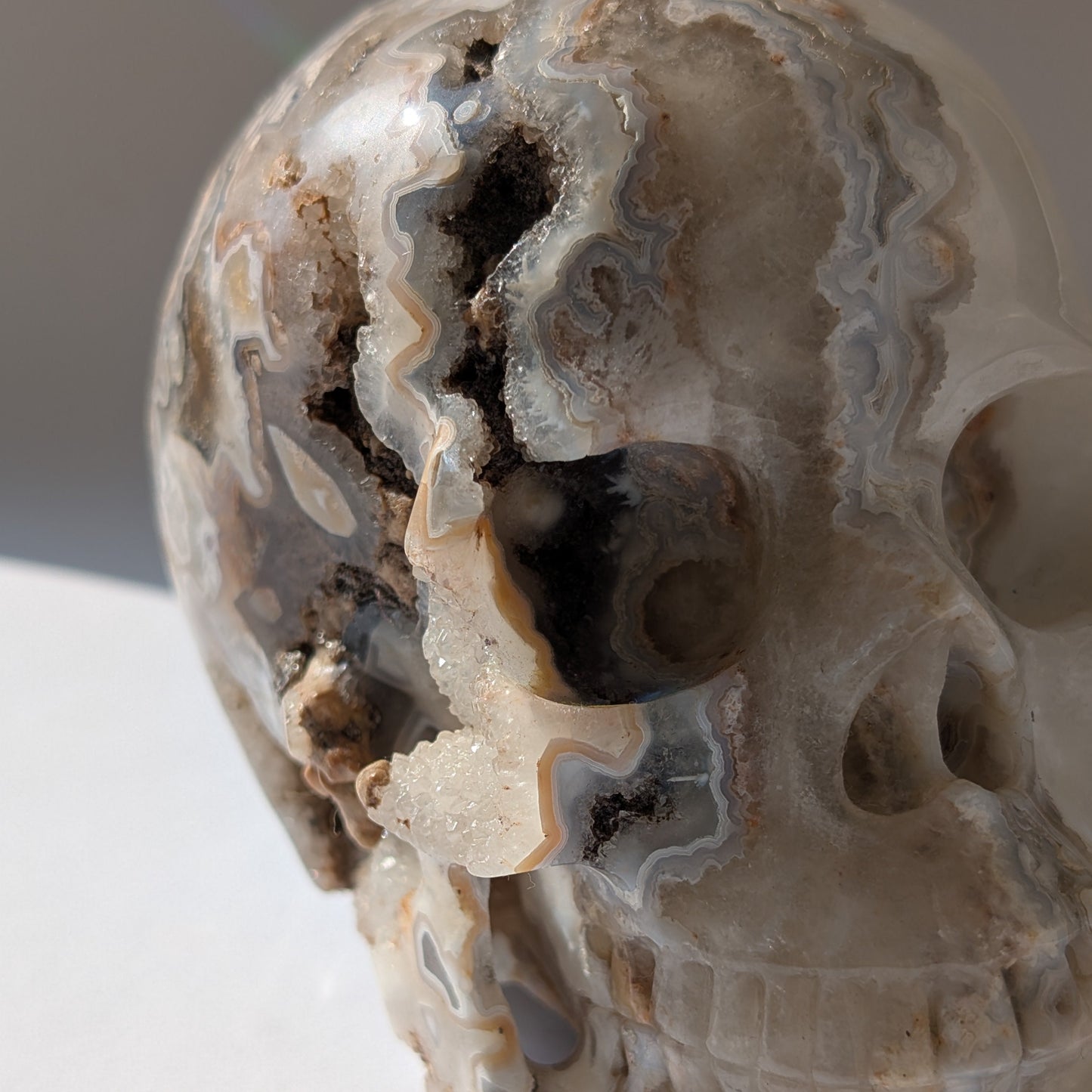 Ein monumentaler, 1292g schwerer Kristallschädel 'Der Wächter der Freude' aus Crazy Lace Achat mit hypnotischen Mustern und einer großen, offenen Druzy-Geode am Hinterkopf.