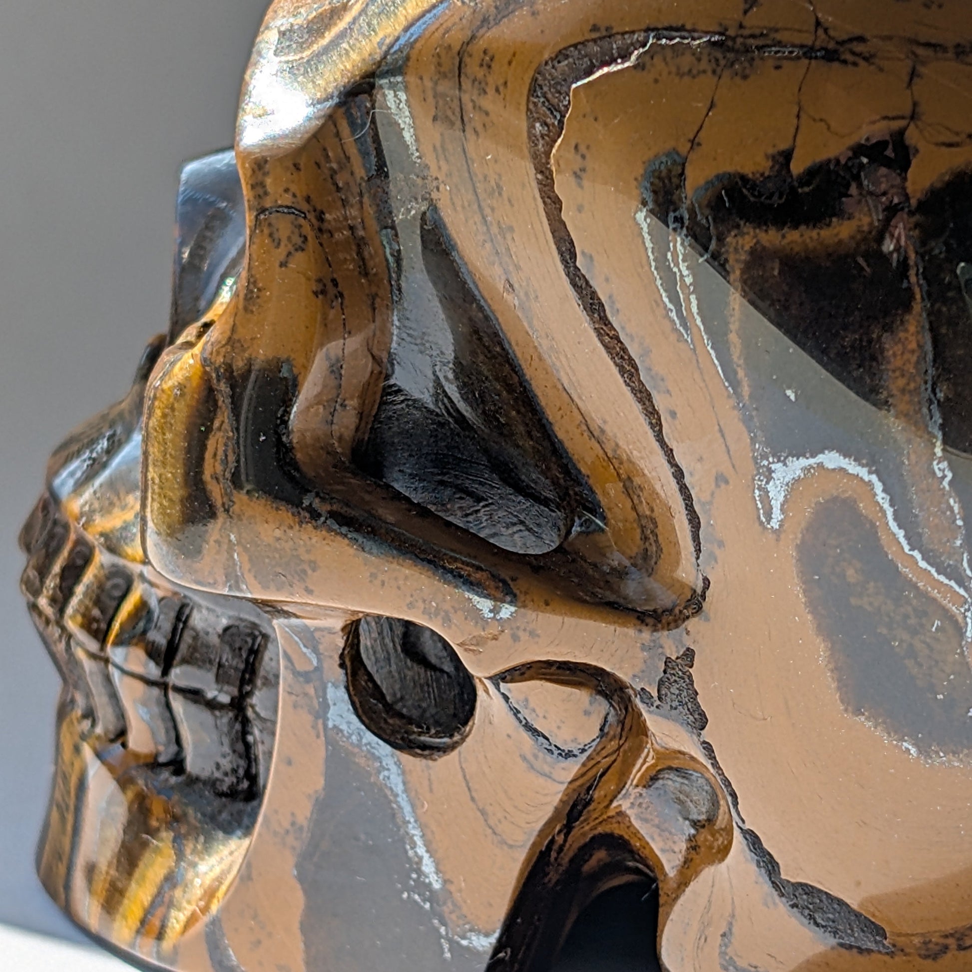Ein monumentaler, 1480g schwerer Kristallschädel 'Thar' aus Tigerauge mit einem hypnotisierenden, goldenen Schimmer (Chatoyance).