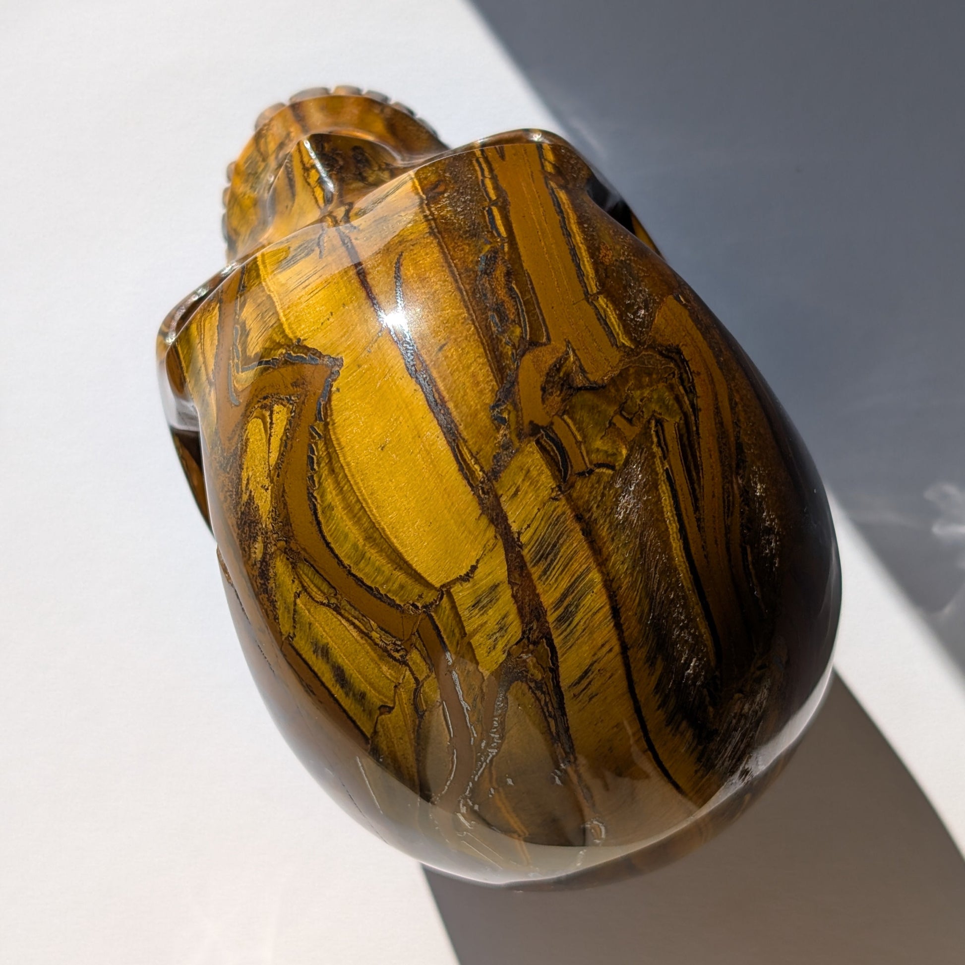 Ein monumentaler, 1480g schwerer Kristallschädel 'Thar' aus Tigerauge mit einem hypnotisierenden, goldenen Schimmer (Chatoyance).