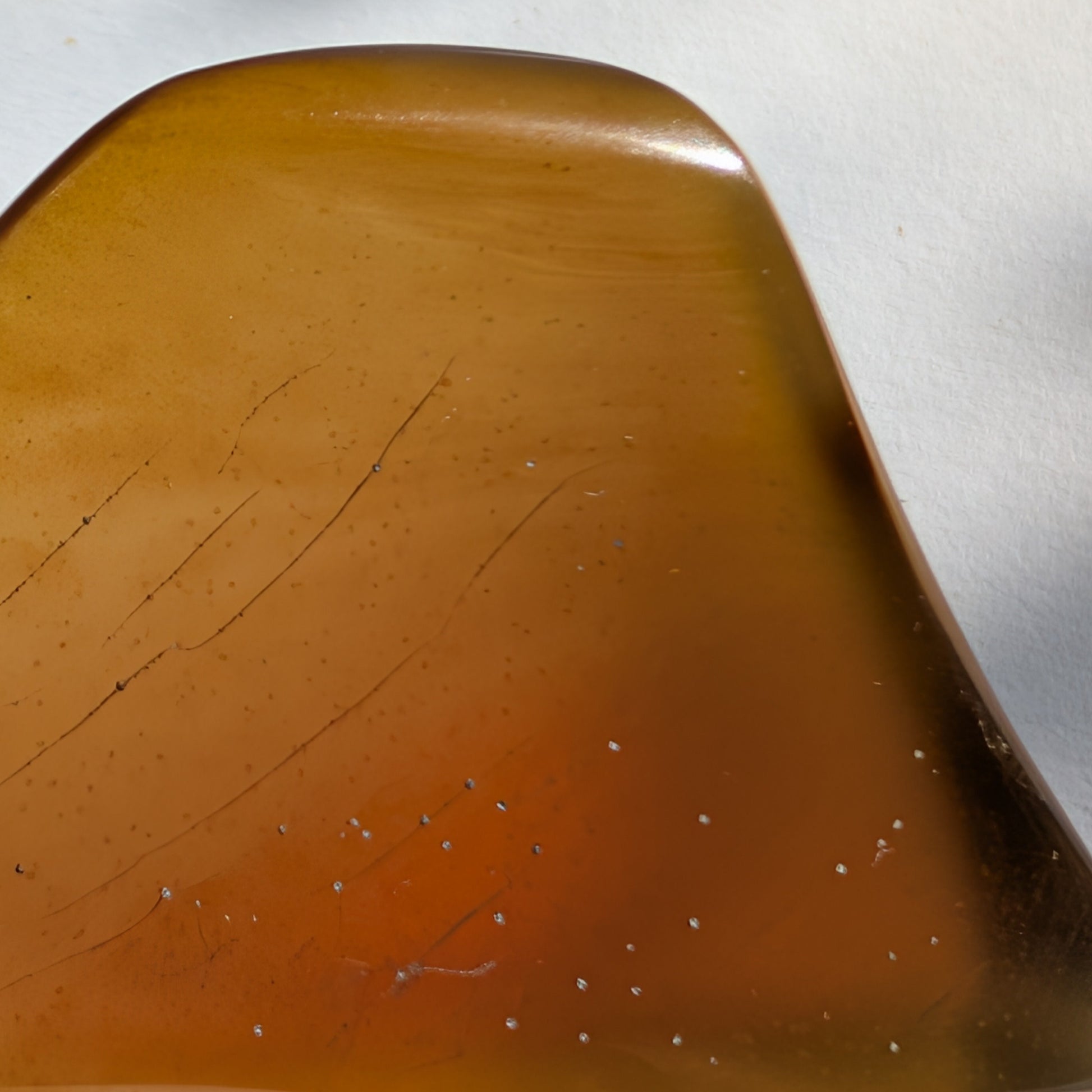 Ein polierter Bicolor-Bernstein 'Herz der Sommersonne' in natürlicher Freiform, der von Cognac-braun zu leuchtendem Sonnengelb übergeht.