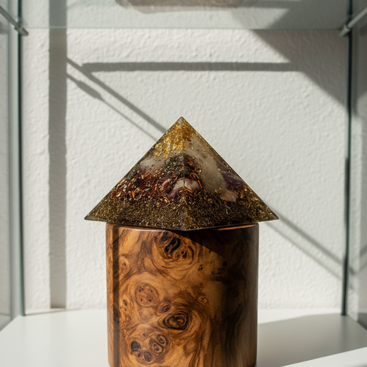 Eine große Orgonit Pyramide 'Der Wächter des heiligen Raumes' mit einer Bergkristallspitze, Amethyst und goldenen Metallen.