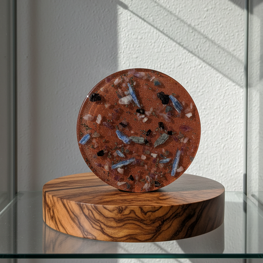 Eine große, runde Orgonit Energetisierungsplatte (17cm) 'Quelle der Kraft' mit sichtbaren Kristallen wie Kyanit und Pyrit in einer rötlichen Matrix.