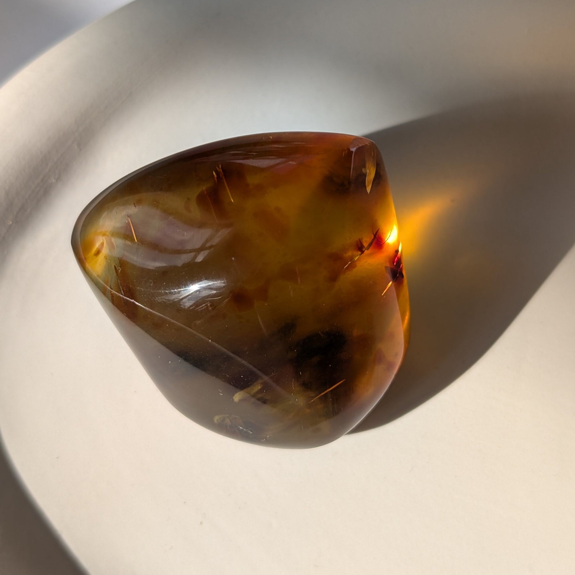 Einzigartiger Bicolor-Bernstein 'Der goldene Schatten' mit mystischen, nebelartigen inneren Strukturen, die an eingefangenen Rauch erinnern.

