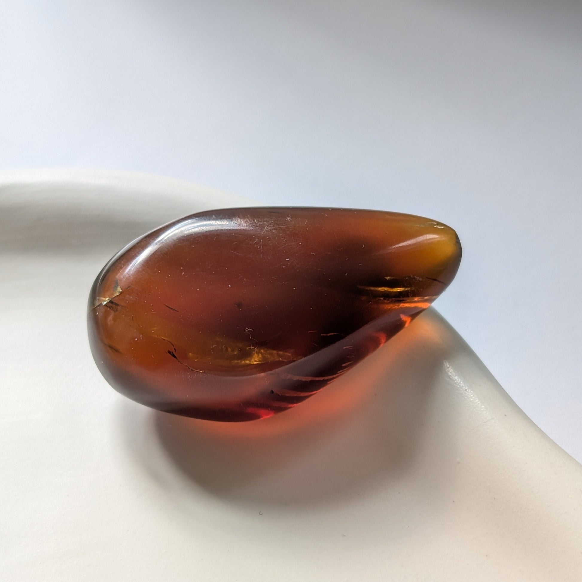 Eleganter, tropfenförmiger Bicolor-Bernstein 'Die Träne der Sonne', der von tiefem Kirschrot zu leuchtendem Gold schimmert.