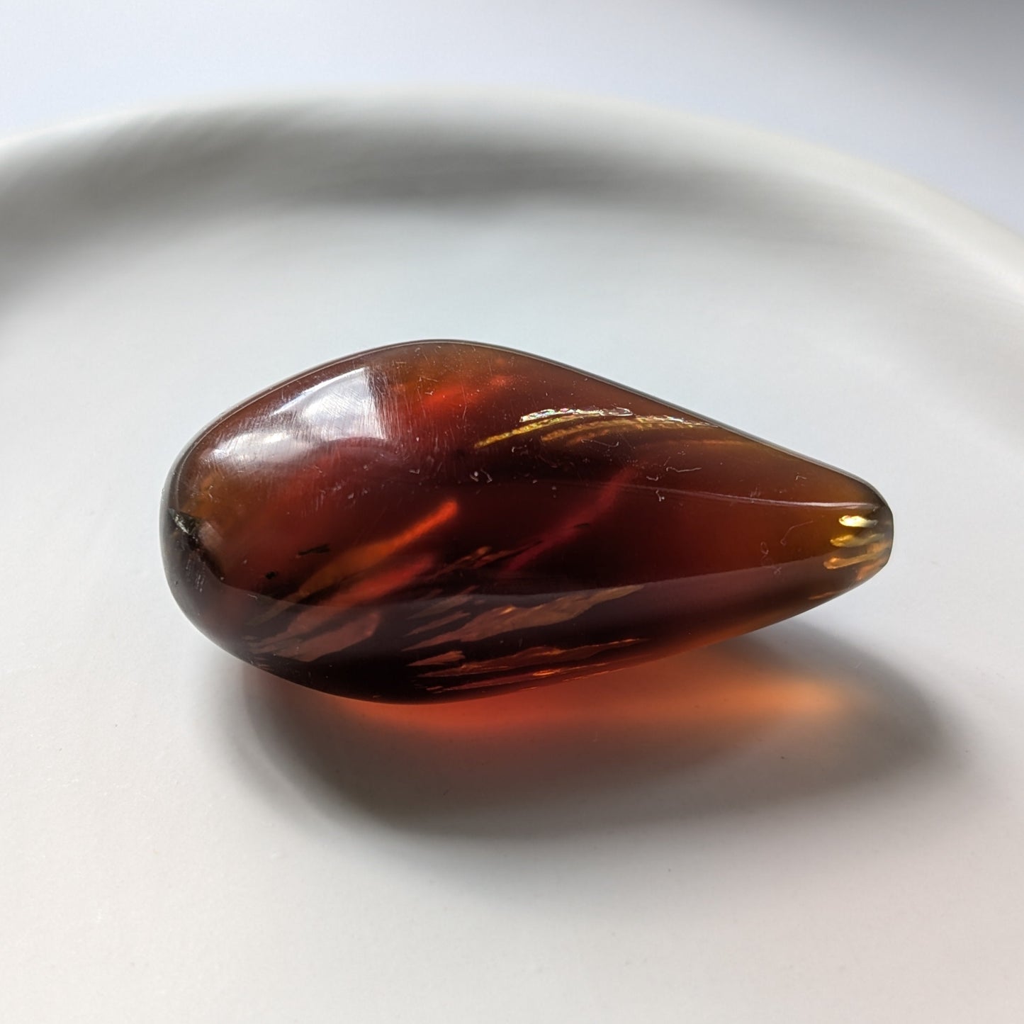 Eleganter, tropfenförmiger Bicolor-Bernstein 'Die Träne der Sonne', der von tiefem Kirschrot zu leuchtendem Gold schimmert.