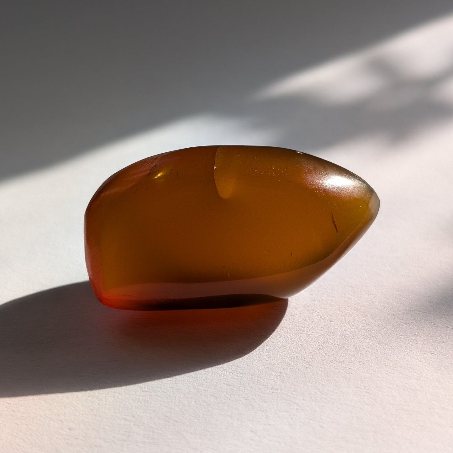 Eleganter, von Natur aus tropfenförmiger Bicolor-Bernstein 'Die Träne der Sonne', der von tiefem Kirschrot zu leuchtendem Gold schimmert.