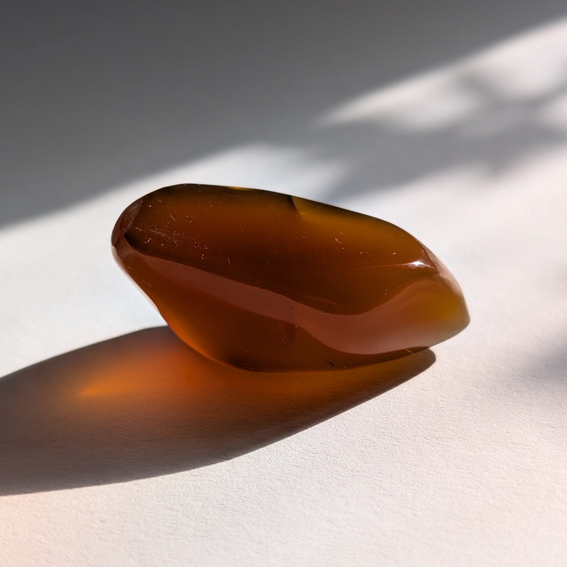 Eleganter, von Natur aus tropfenförmiger Bicolor-Bernstein 'Die Träne der Sonne', der von tiefem Kirschrot zu leuchtendem Gold schimmert.