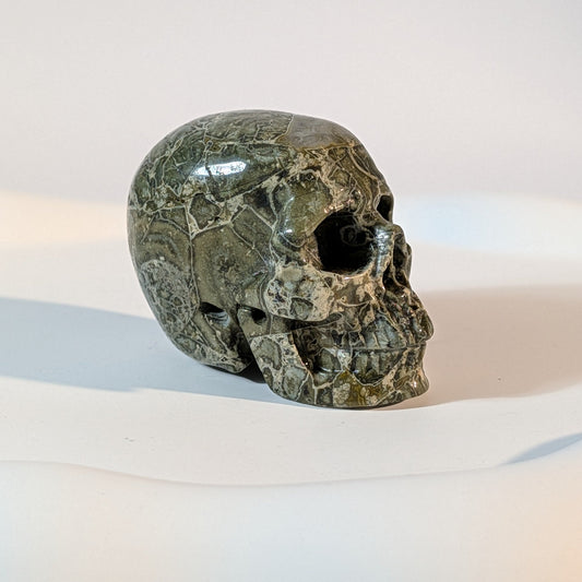 Gefährlich wirkender Kristallschädel Ilbertus aus tiefgrünem Serpentin 91g mit durchscheinenden, gelblichen Adern und harten Schatten