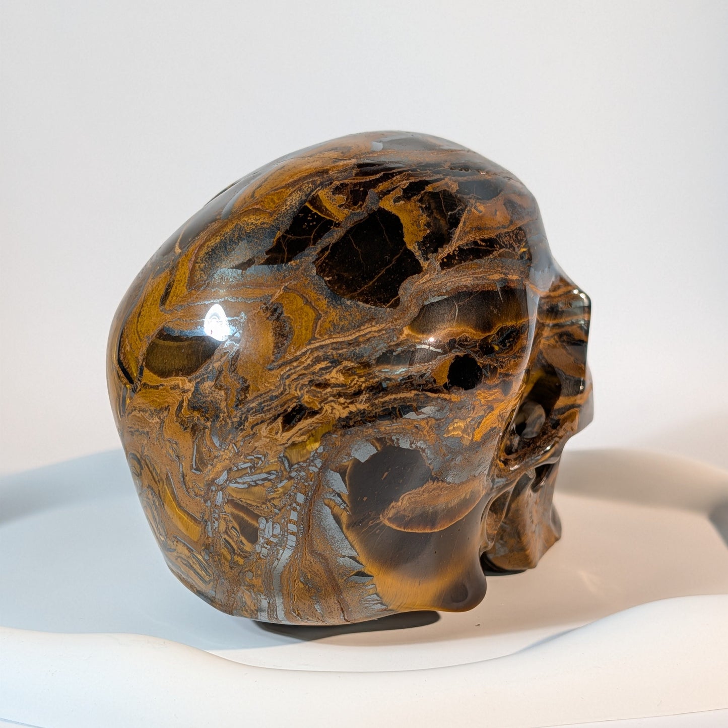 Gigantischer Kristallschädel, gezeichnet von markanten, zweifarbigen Bändern aus goldenem Tigerauge und silbrig-metallischem Hämatit.
