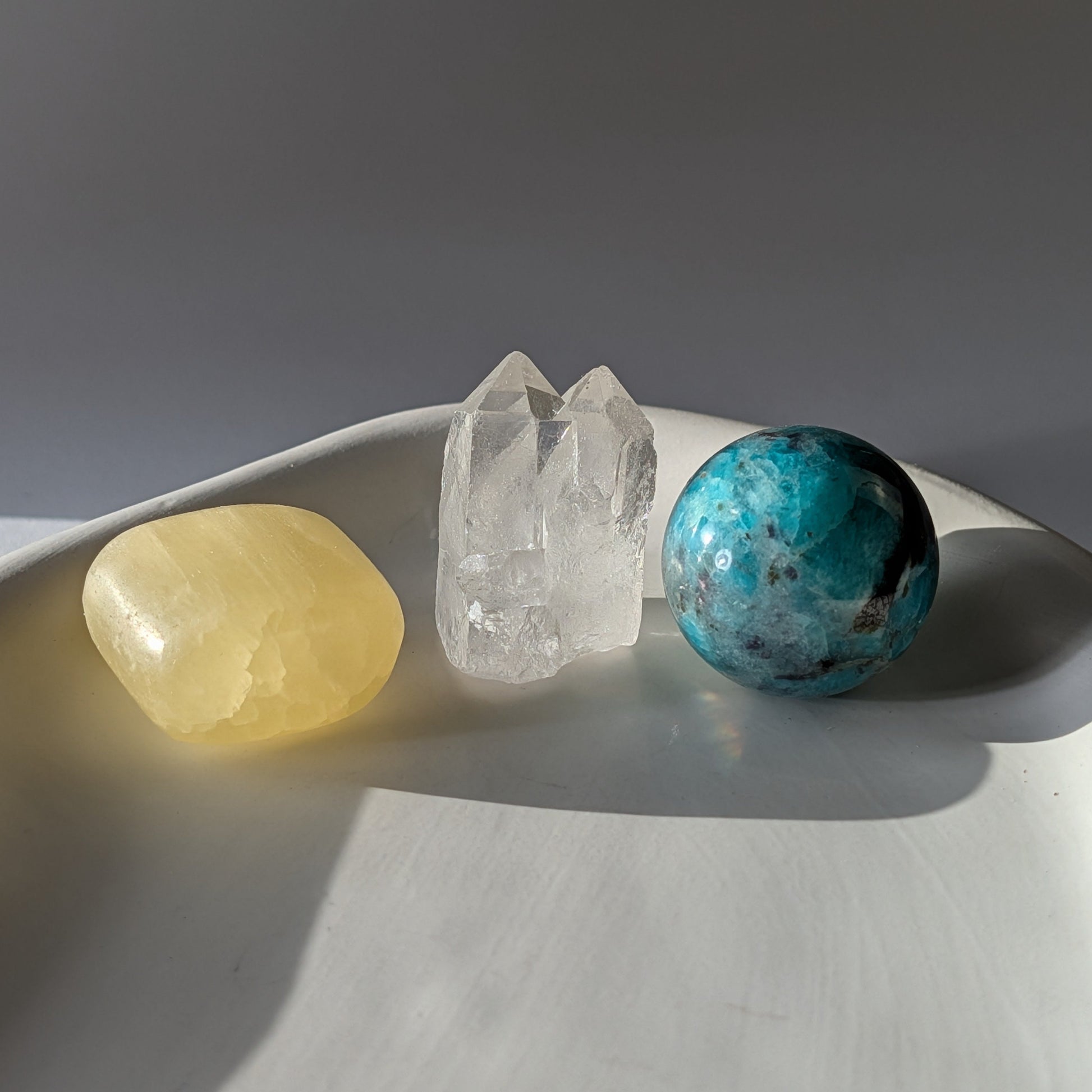 Glücks Kristallset Heilsteine Amazonit Gelber Calcit Bergkristall Temple of Desire