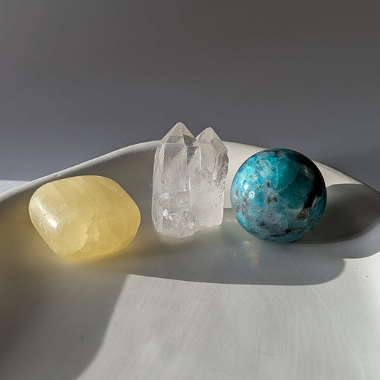 Glücks Kristallset Heilsteine Amazonit Gelber Calcit Bergkristall Temple of Desire