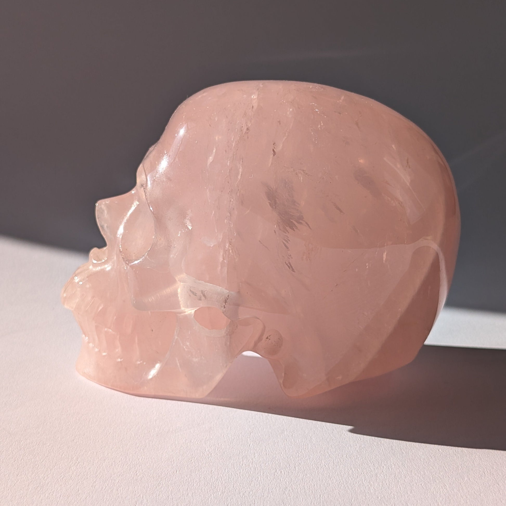 Großer Kristallschädel (1.16kg) aus sanft leuchtendem Rosenquarz im Seitenprofil.
