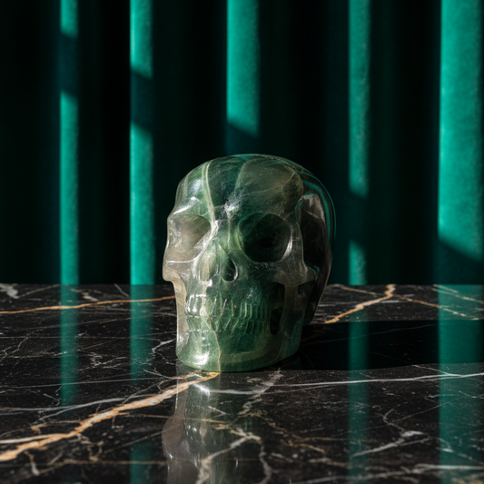 Großer Kristallschädel "Artas" (1.5kg) aus grünem und/oder violettem Fluorit.