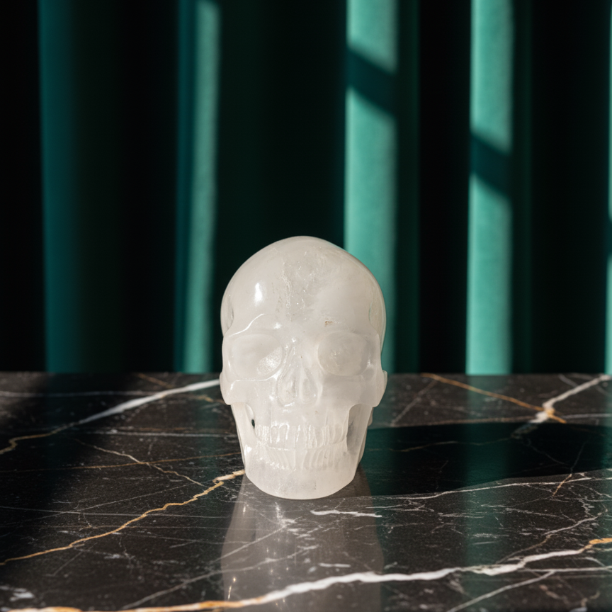 Großer Kristallschädel "Bork" (1.27kg) aus Bergkristall mit eisigen Einschlüssen und Schleiern.