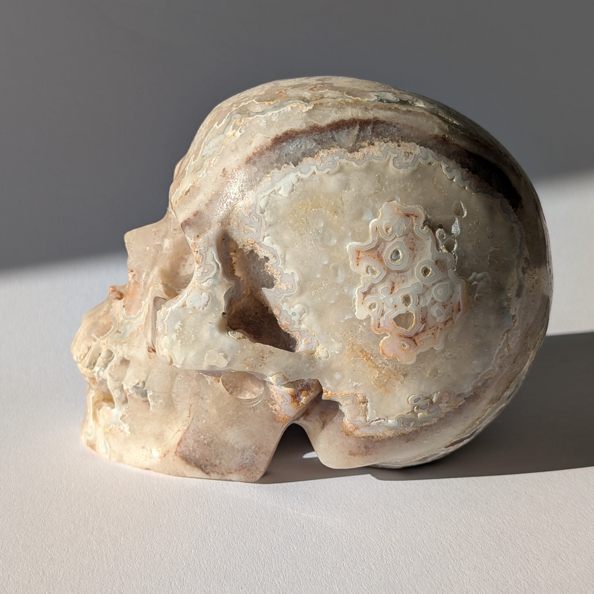 Großer Kristallschädel "Grulaman" (1.37kg) aus stark gemustertem Achat/Jaspis in Erdtönen.
