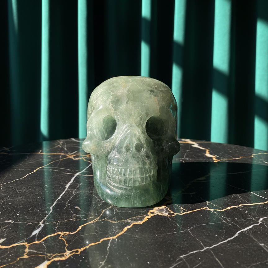 Großer Kristallschädel "Gulkar" (fast 2kg) aus leuchtend grünem Fluorit, seitlich beleuchtet.