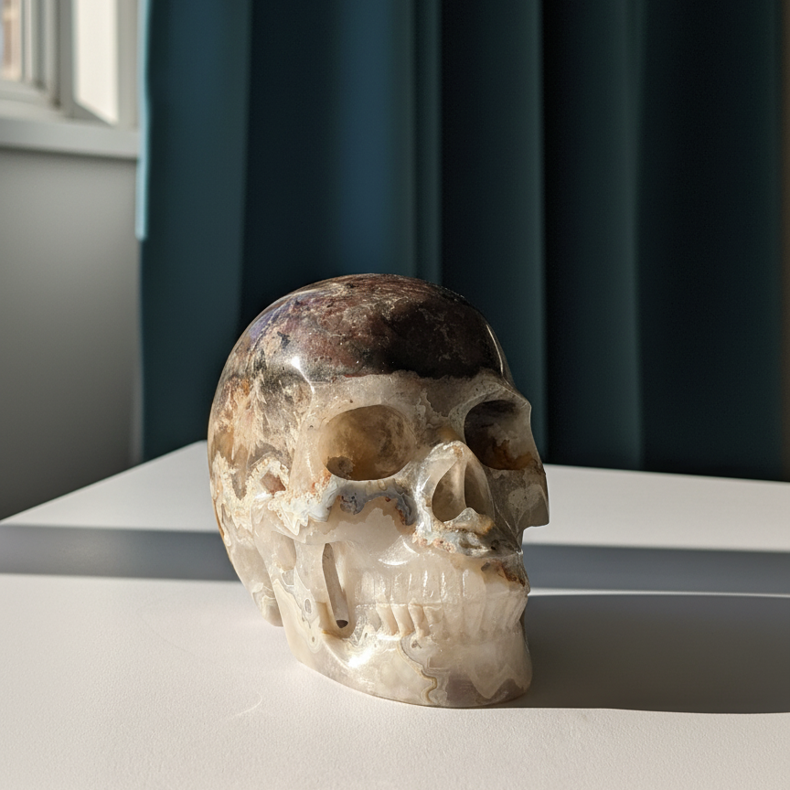 Großer Kristallschädel "Keram" (1.3kg) aus gemustertem Achat mit funkelnden Druzy-Taschen.