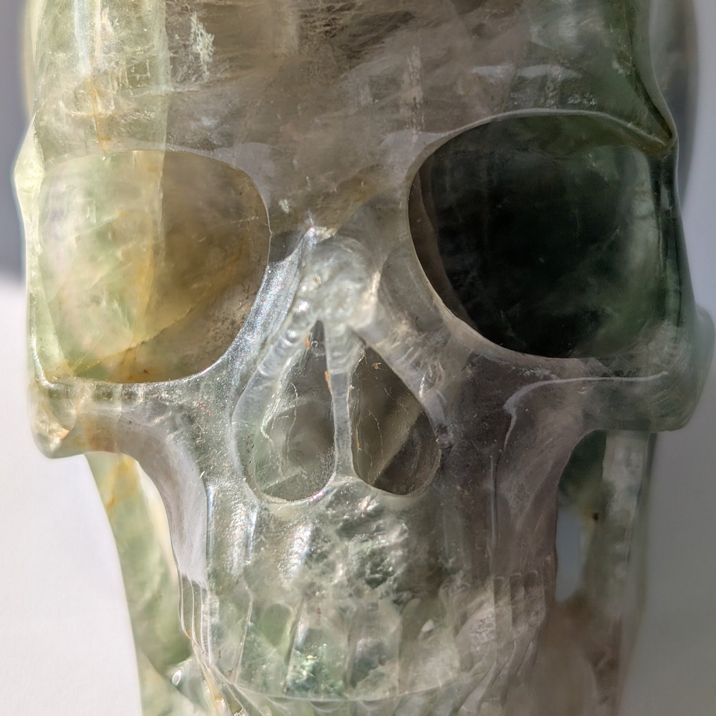 Großer Kristallschädel "Munari" (1.57kg) aus grün-gelb gebändertem Fluorit (Flachkopf-Stil)