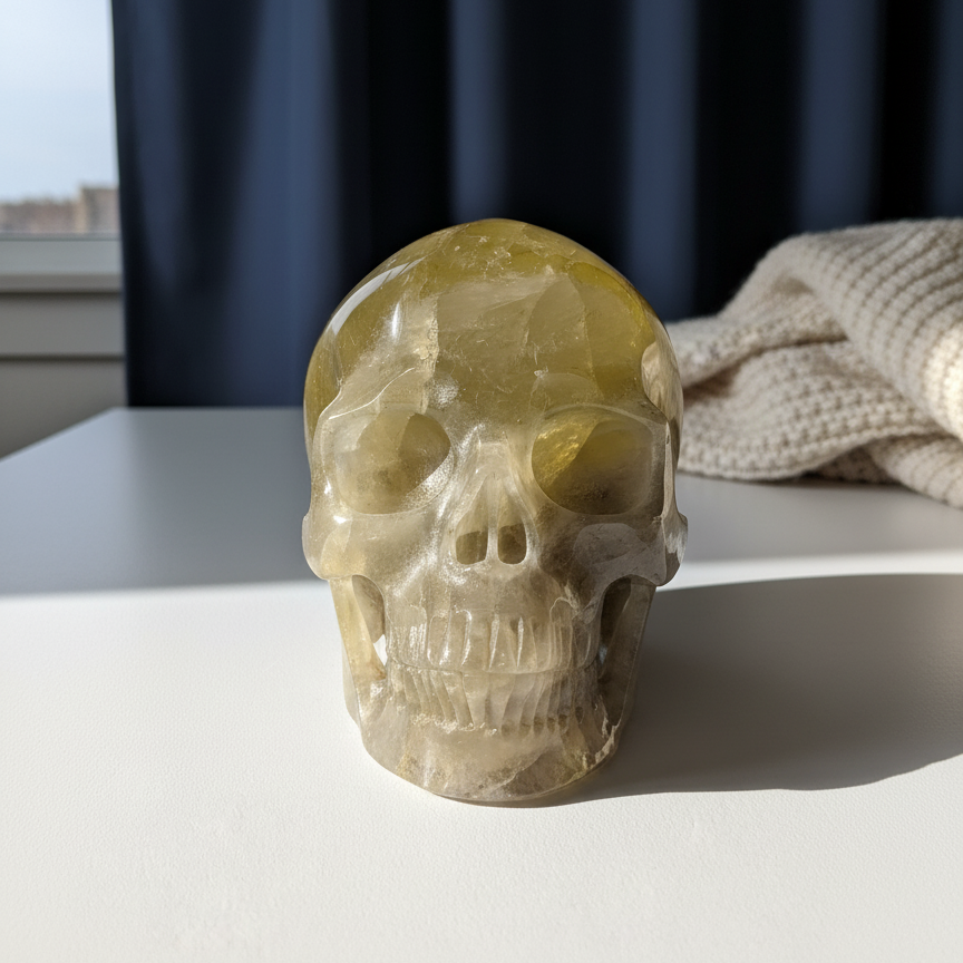 Großer Kristallschädel "Talia" (1.24kg) aus leuchtend goldgelbem Honigcalcit.