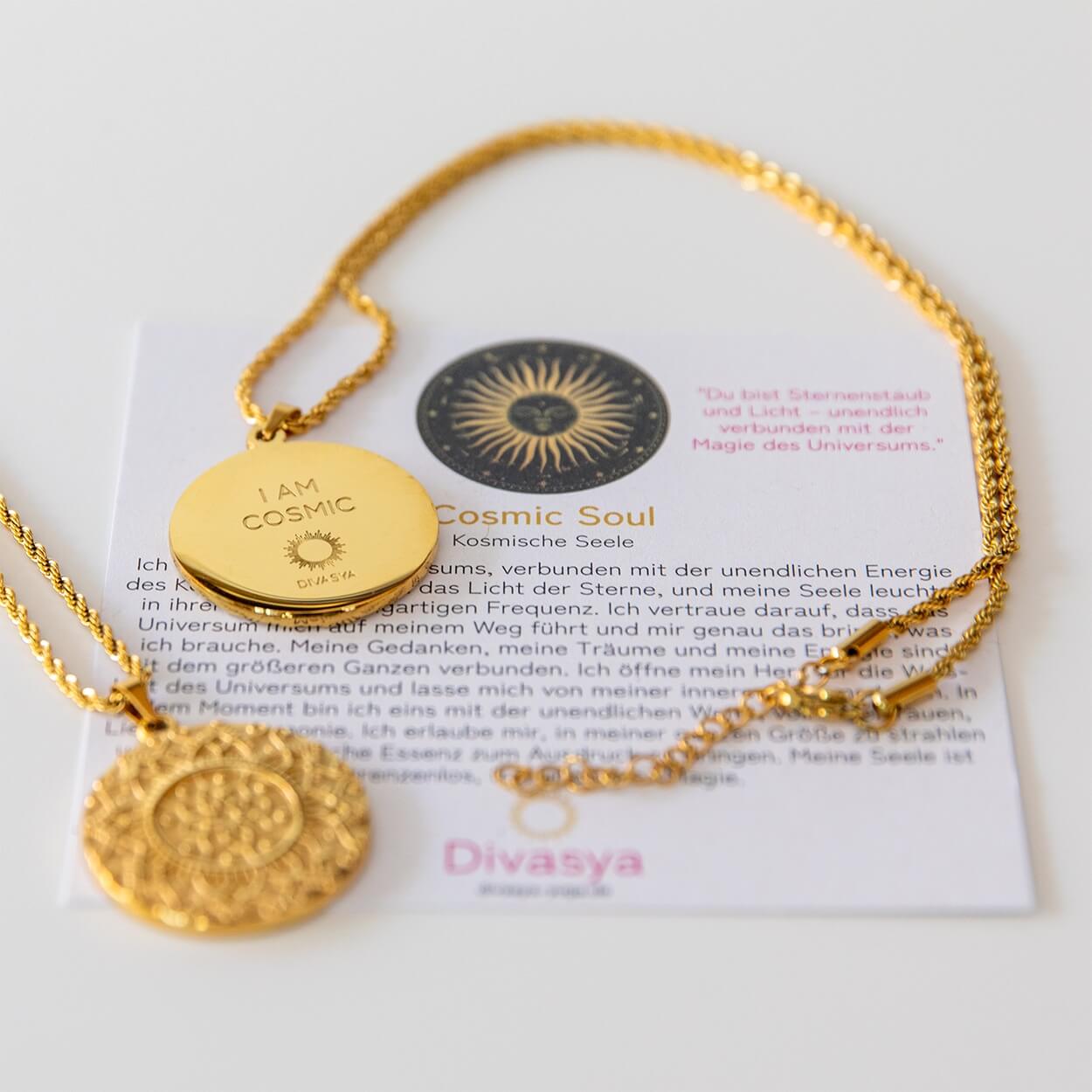 Vergoldete Mandala-Kette mit Anhänger und verdeckter Gravur I am cosmic