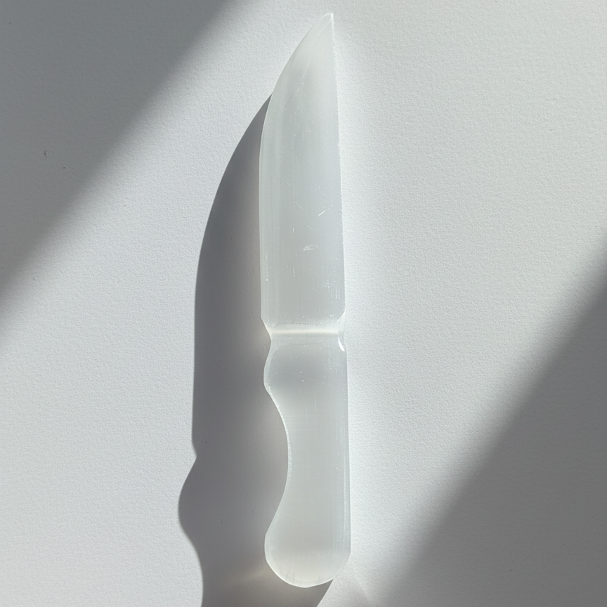 Handgeschliffenes Ritualmesser aus weißem, lichtdurchlässigem Selenit auf hellem Untergrund.