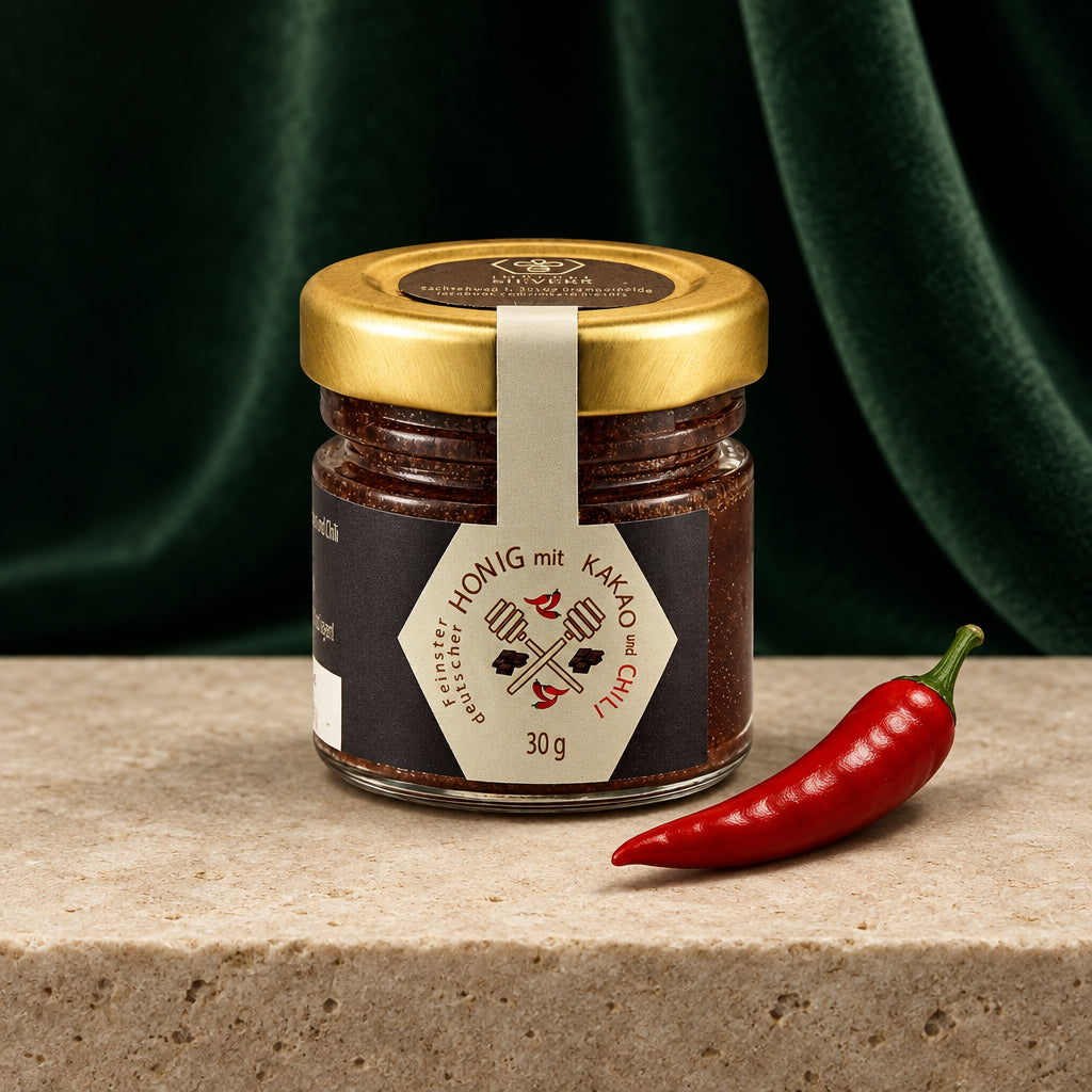 Honig mit Kakao und Chili 30 g im kleinen Glas mit Golddeckel, daneben eine rote Chilischote