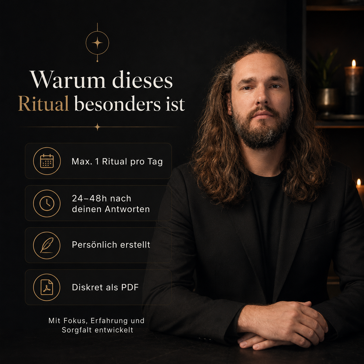 Individuell erstelltes Magie-Ritual mit persönlicher Ausarbeitung, diskreter PDF-Lieferung und 24 bis 48 Stunden Bearbeitungszeit.