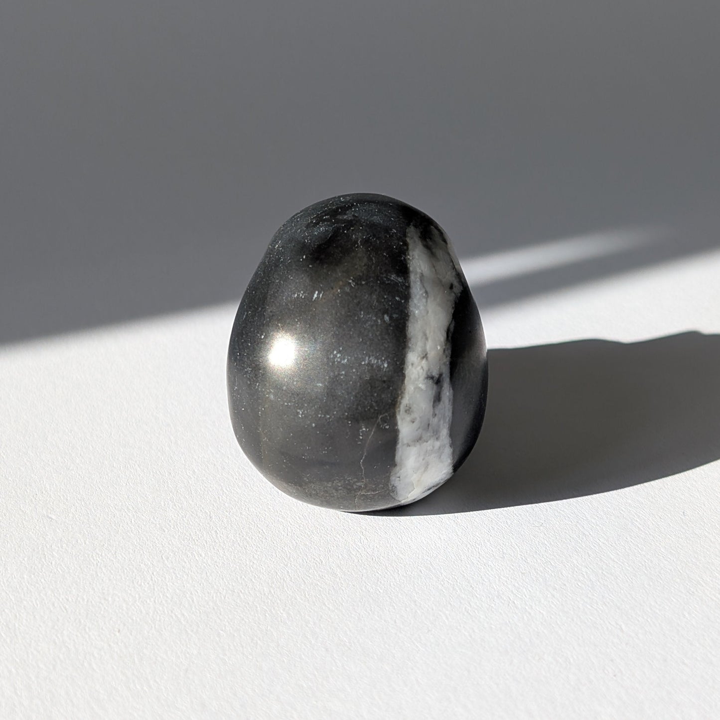 Kleiner Kristallschädel "Adagoi" (115g) aus schwarz-weiß gemustertem Kalkstein/Marmor.