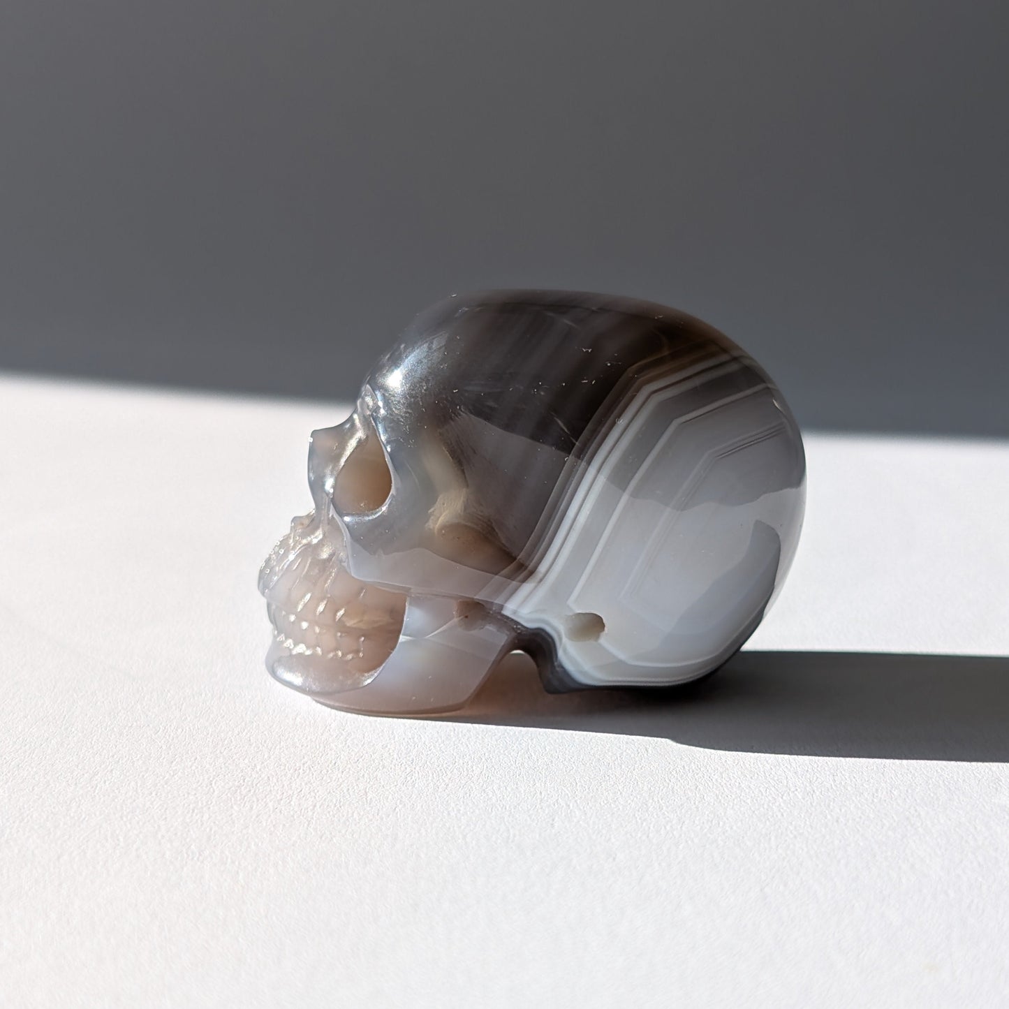 Kleiner Kristallschädel "Colan" (85g) aus grau-weiß gebändertem Botswana Achat.