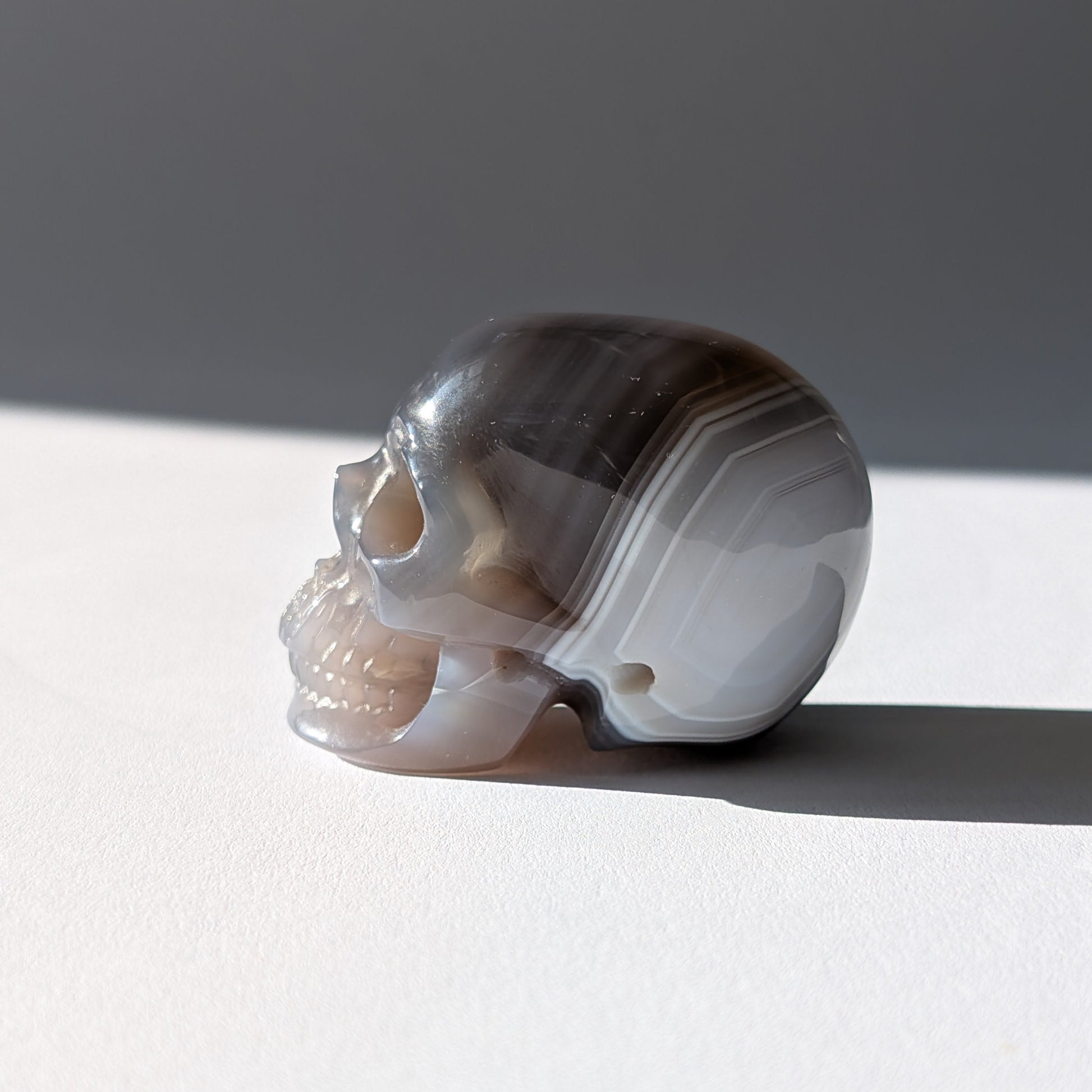 Kleiner Kristallschädel "Colan" (85g) aus grau-weiß gebändertem Botswana Achat.