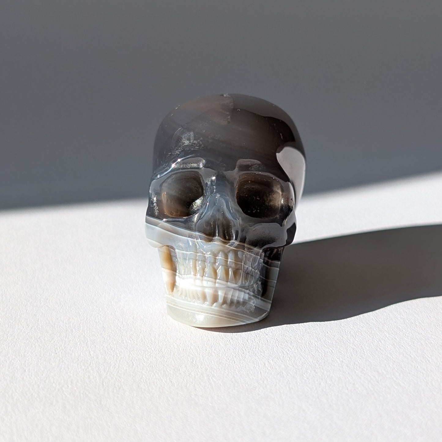 Kleiner Kristallschädel "Yura" (84g) aus schwarz-weiß gebändertem Achat.