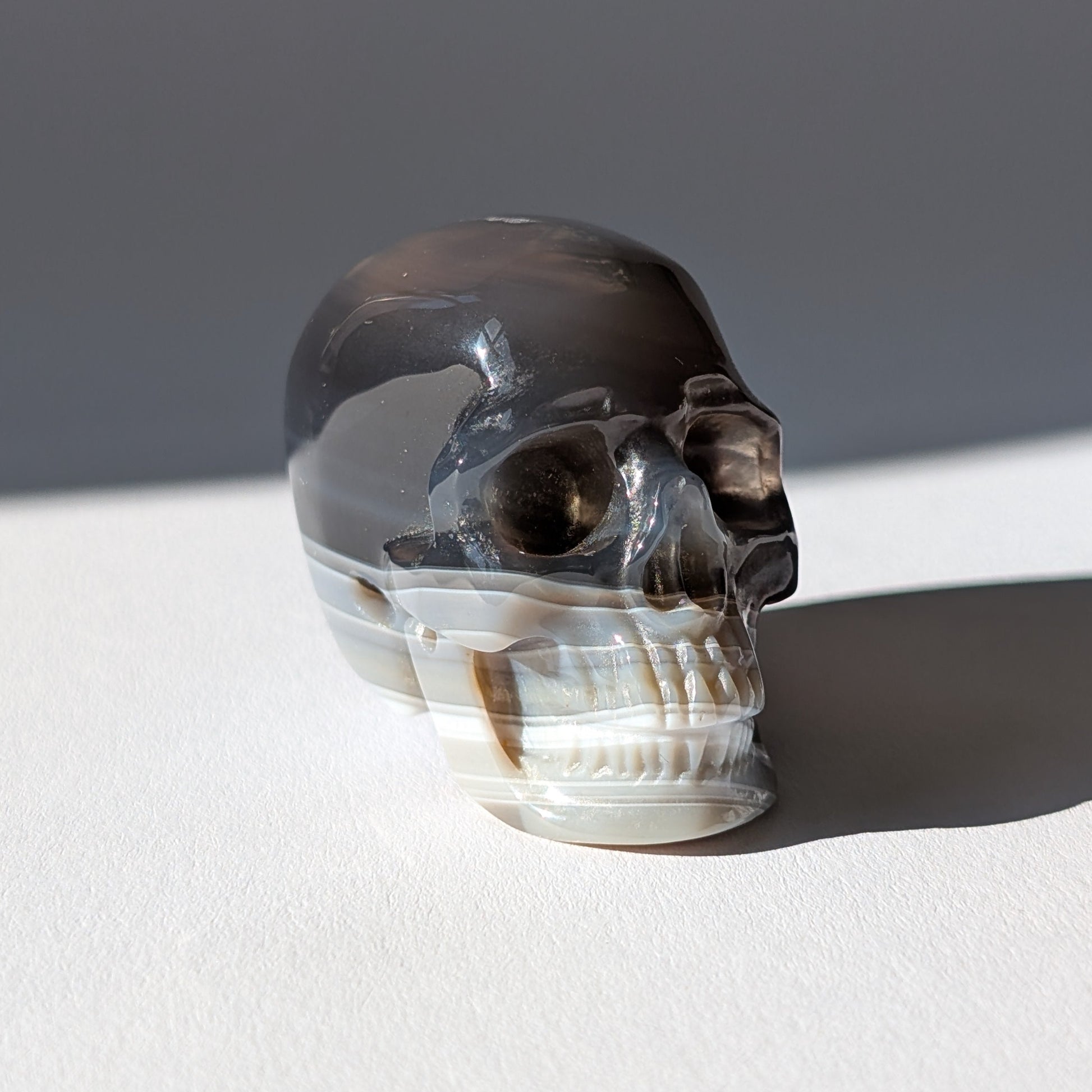 Kleiner Kristallschädel "Yura" (84g) aus schwarz-weiß gebändertem Achat.