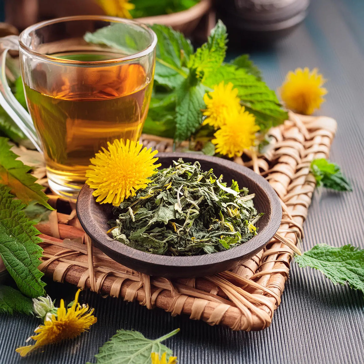 Tasse Kräutertee mit Löwenzahnblüten und Brennnessel auf einem Korb