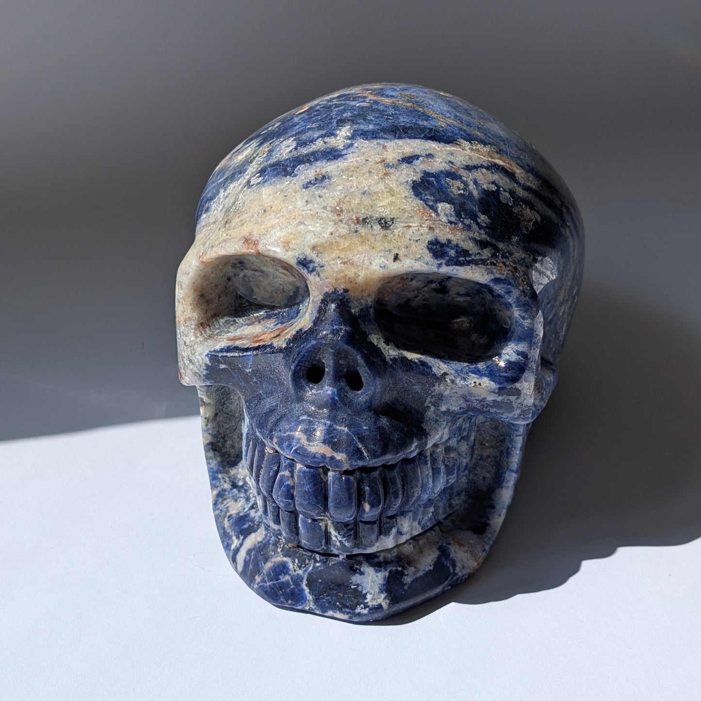 Kristallschädel "Der Magnetische Visionär" aus Sodalith-Magnetit mit magnetischen Einschlüssen.