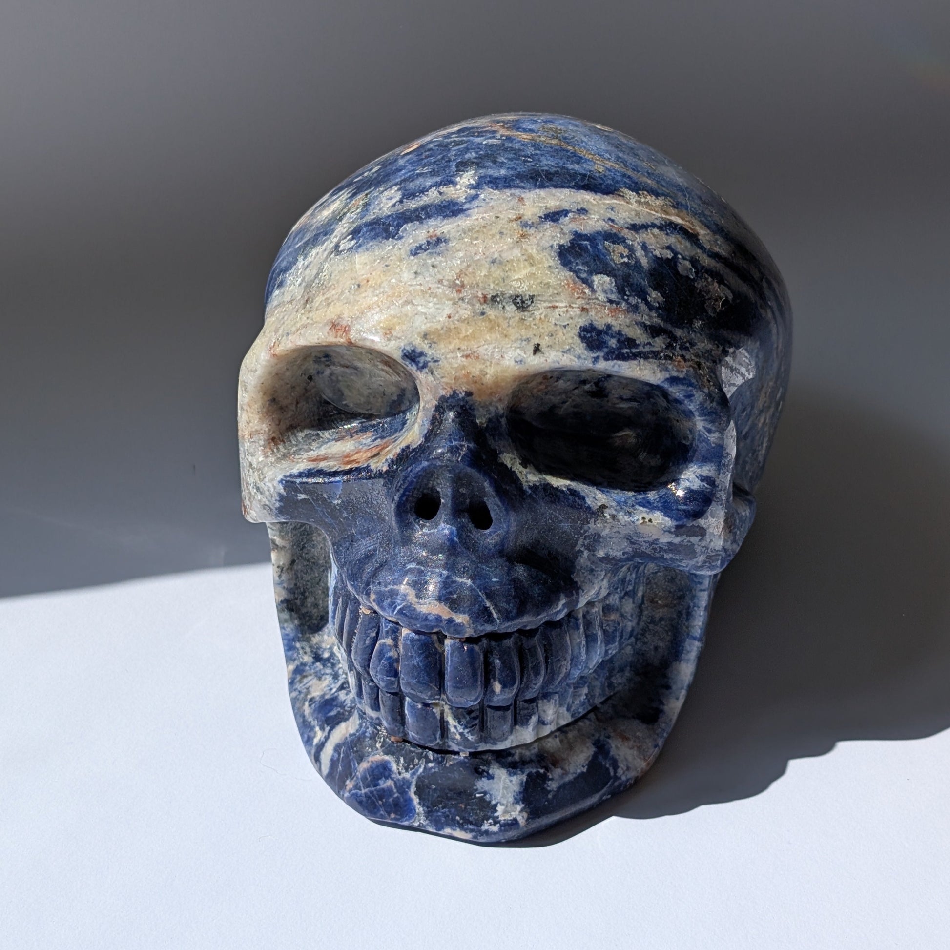 Kristallschädel "Der Magnetische Visionär" aus Sodalith-Magnetit mit magnetischen Einschlüssen.