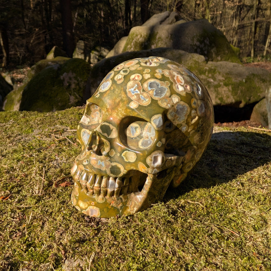 Kristallschädel "Der Wald Mann" – Wächter der Natur aus Regenwald Rhyolith 