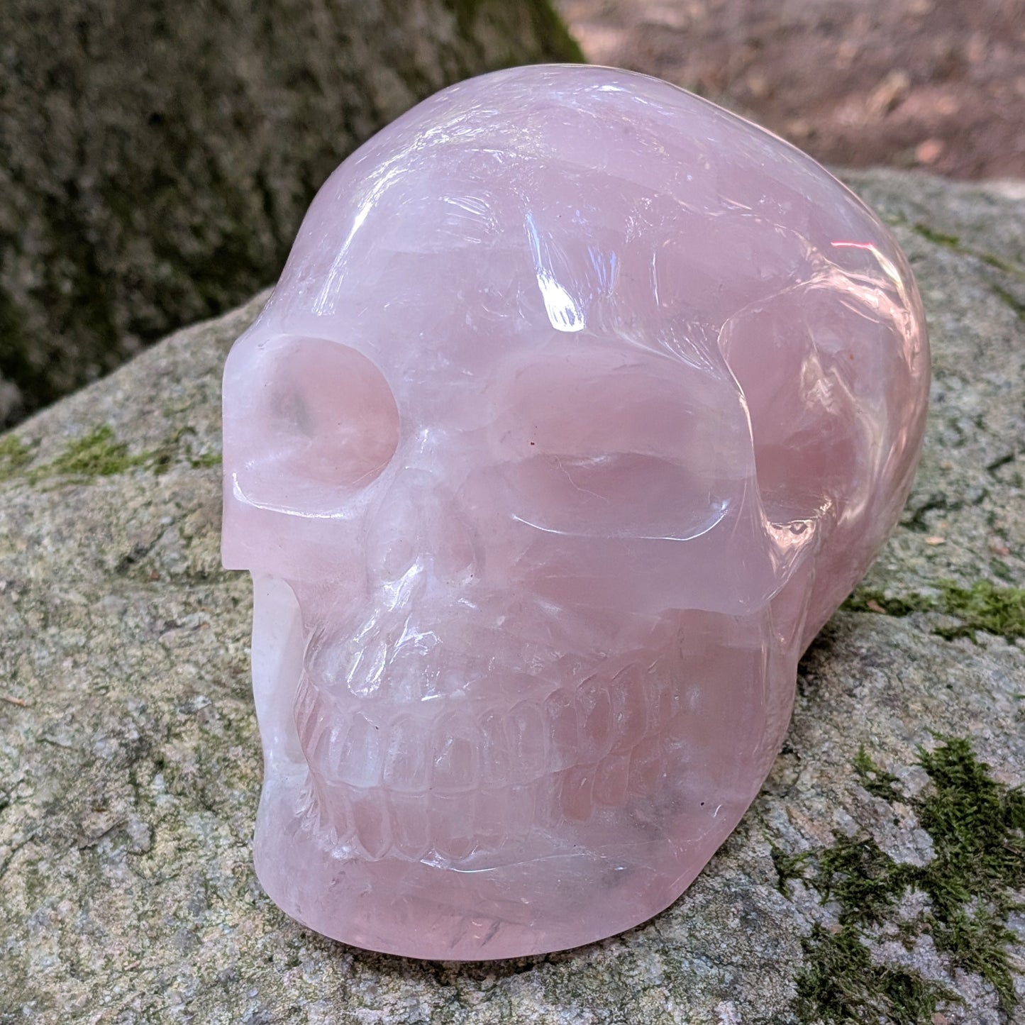 Kristallschädel "Elara" aus milchig-rosa Rosenquarz mit inneren Regenbogen-Einschlüssen.