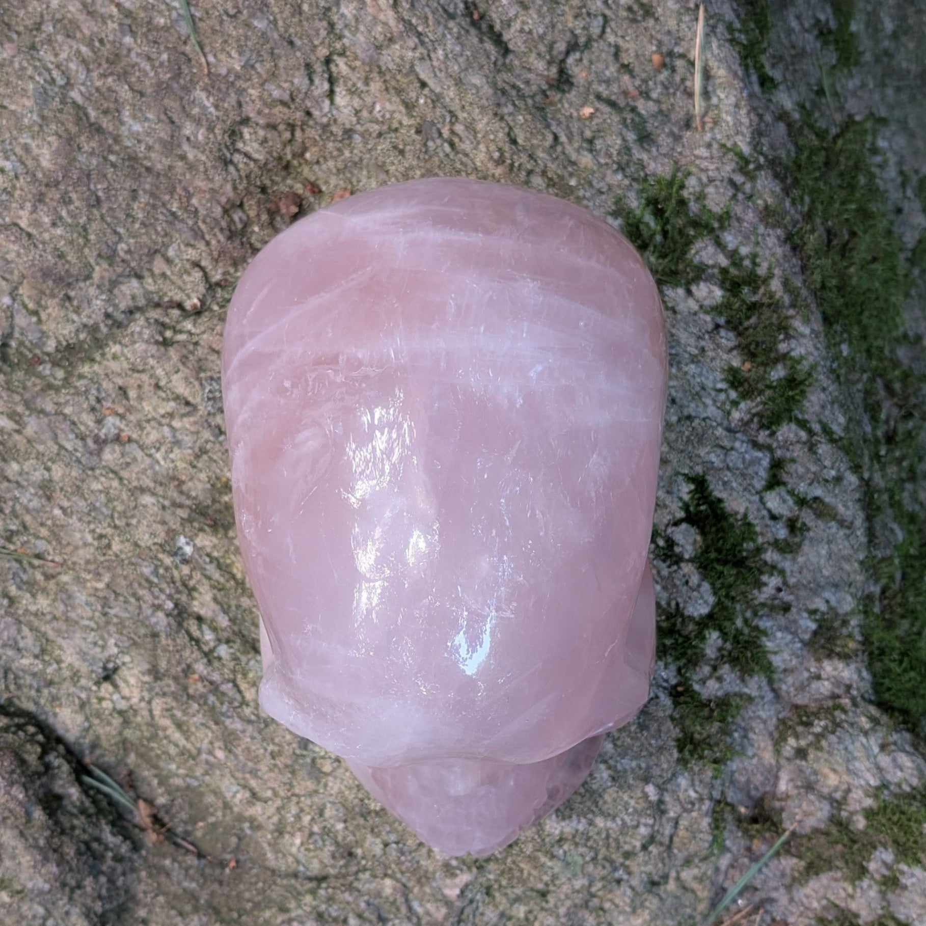 Kristallschädel "Elara" aus milchig-rosa Rosenquarz mit inneren Regenbogen-Einschlüssen.