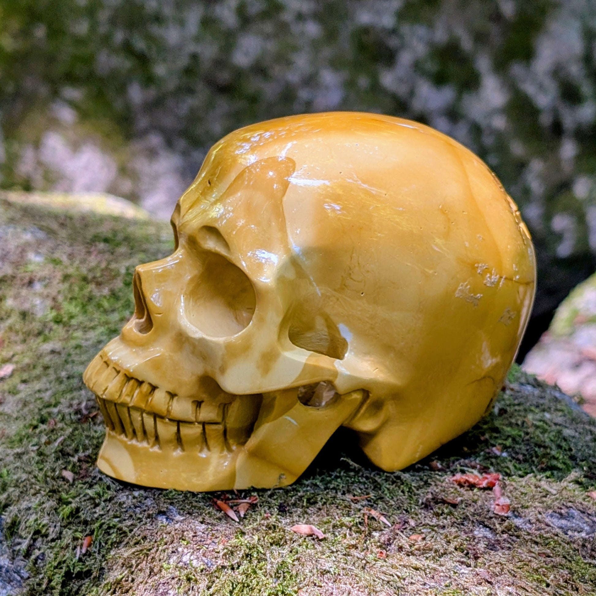 Kristallschädel "Erdenwanderer" aus Buntem Mookait mit erdigen Farben.