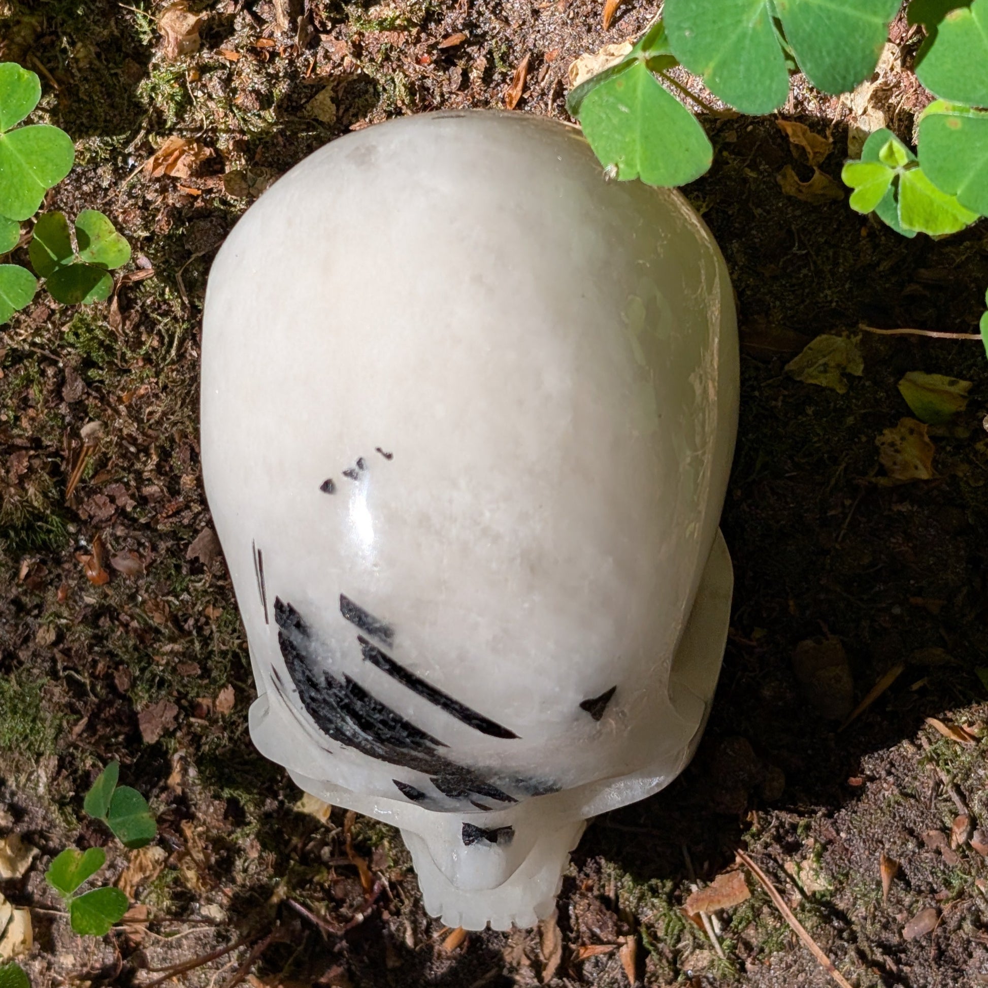 Kristallschädel "Felsengeist" aus Turmalin-Quarz mit schwarzen Nadel-Einschlüssen.