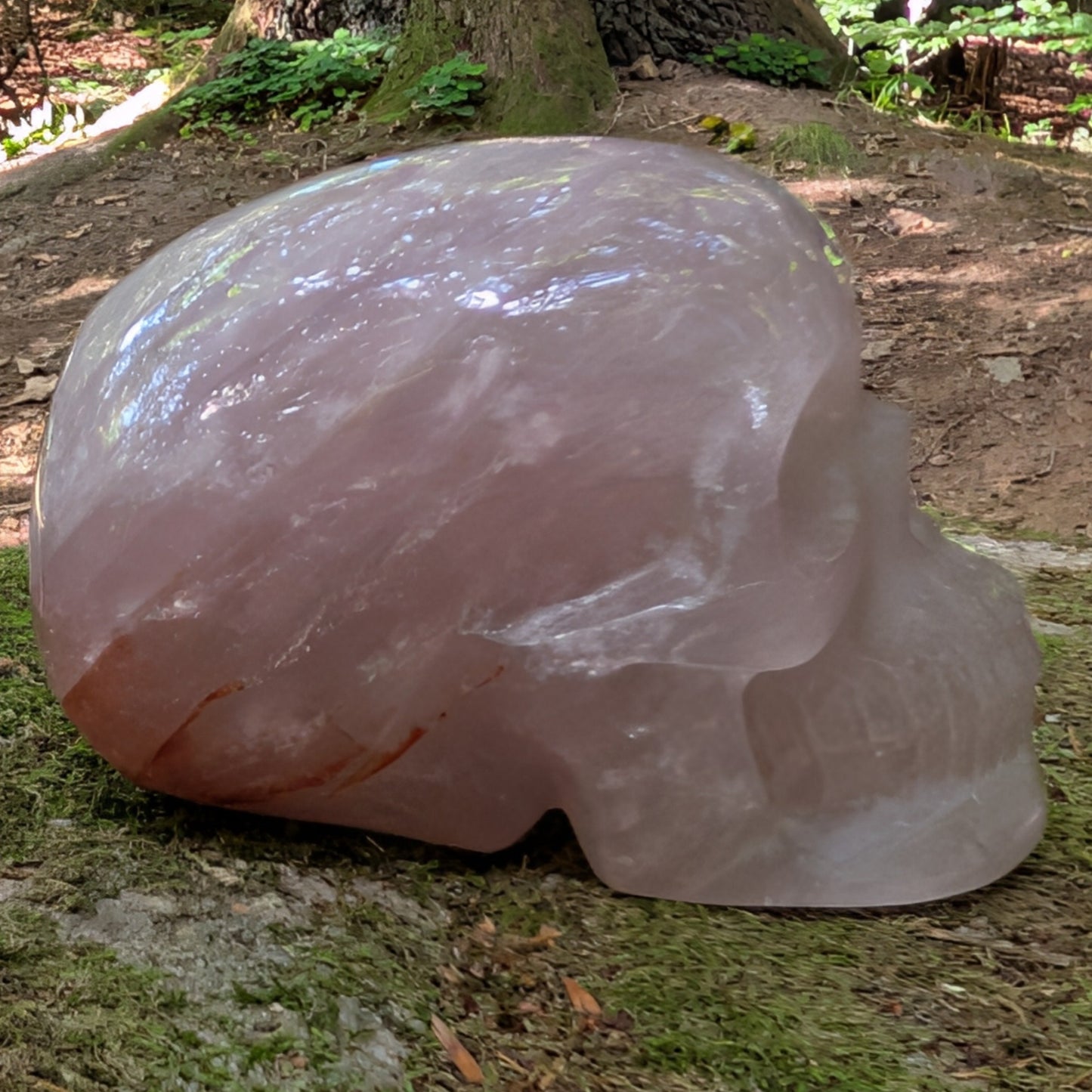 Kristallschädel "Herzensgigant" aus milchig-rosa Rosenquarz.