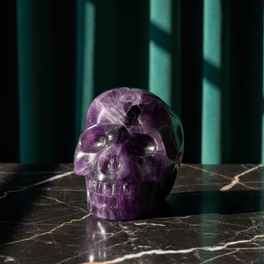 Kristallschädel "Isvertai" (675g) aus violettem Amethyst mit inneren Strukturen.