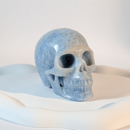 Kristallschädel Knoblin aus hellblauem Anhydrit 445g mit tiefen, natürlichen Narben im kontrastreichen, kühlen Licht
