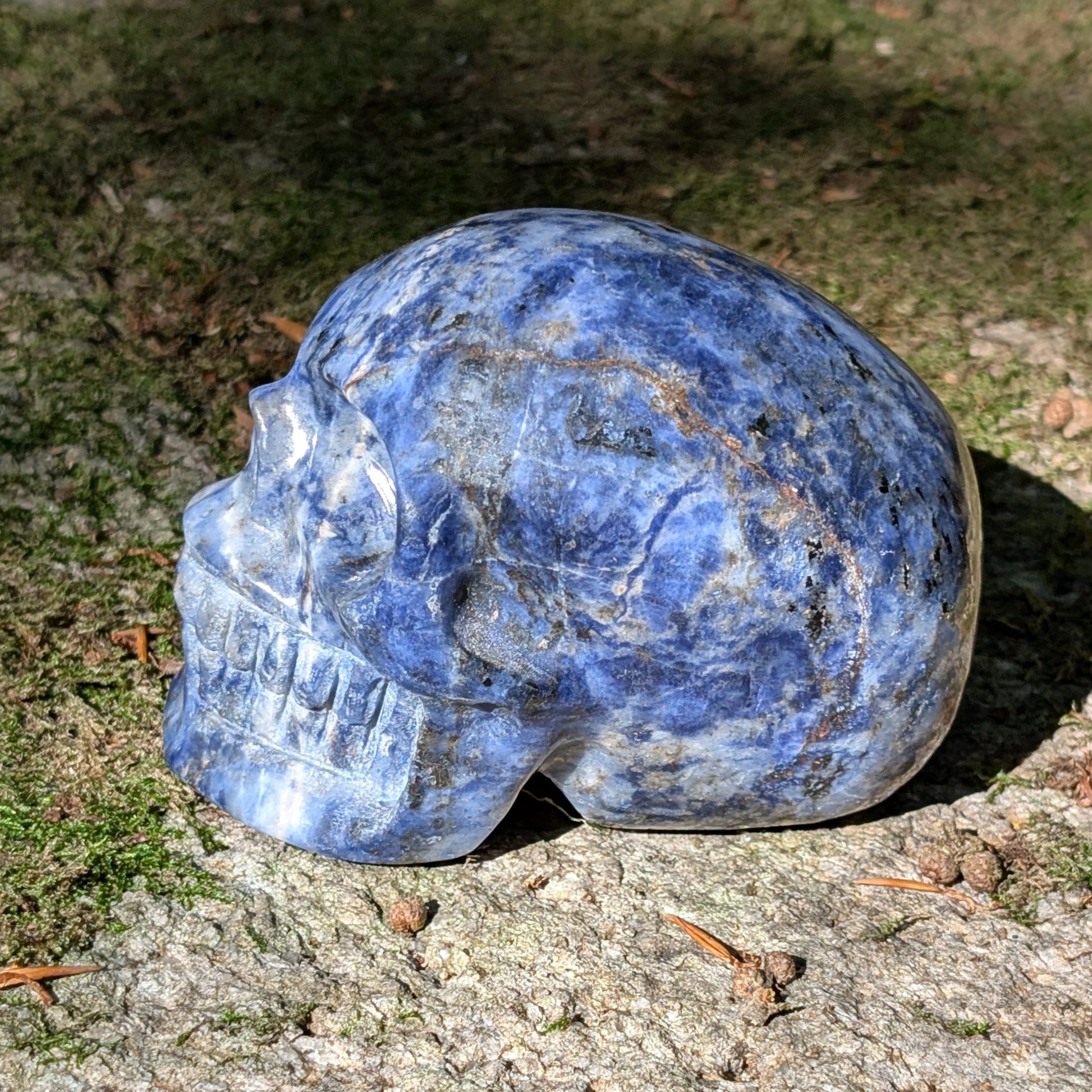 Kristallschädel "Ozean-Philosoph" aus Sodalith mit blau-weißer Maserung.