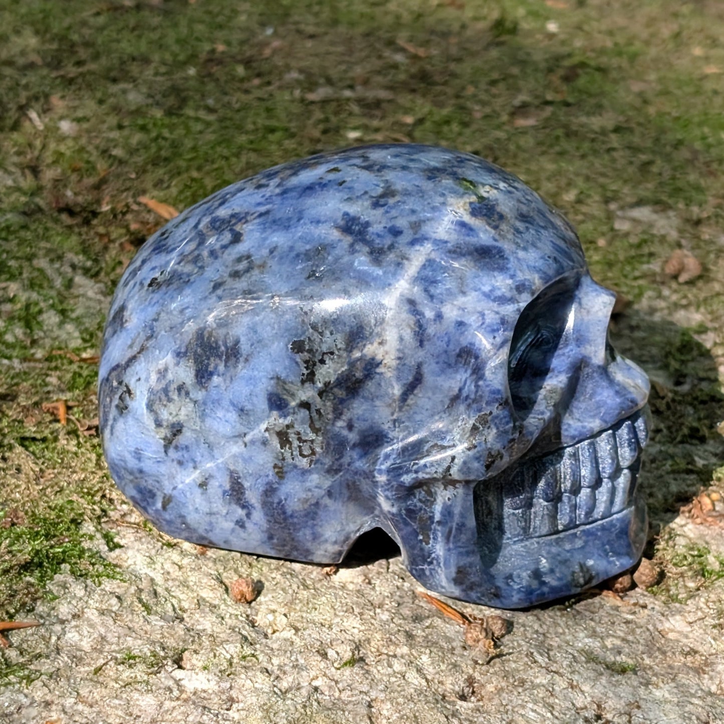 Kristallschädel "Ozean-Philosoph" aus Sodalith mit blau-weißer Maserung.