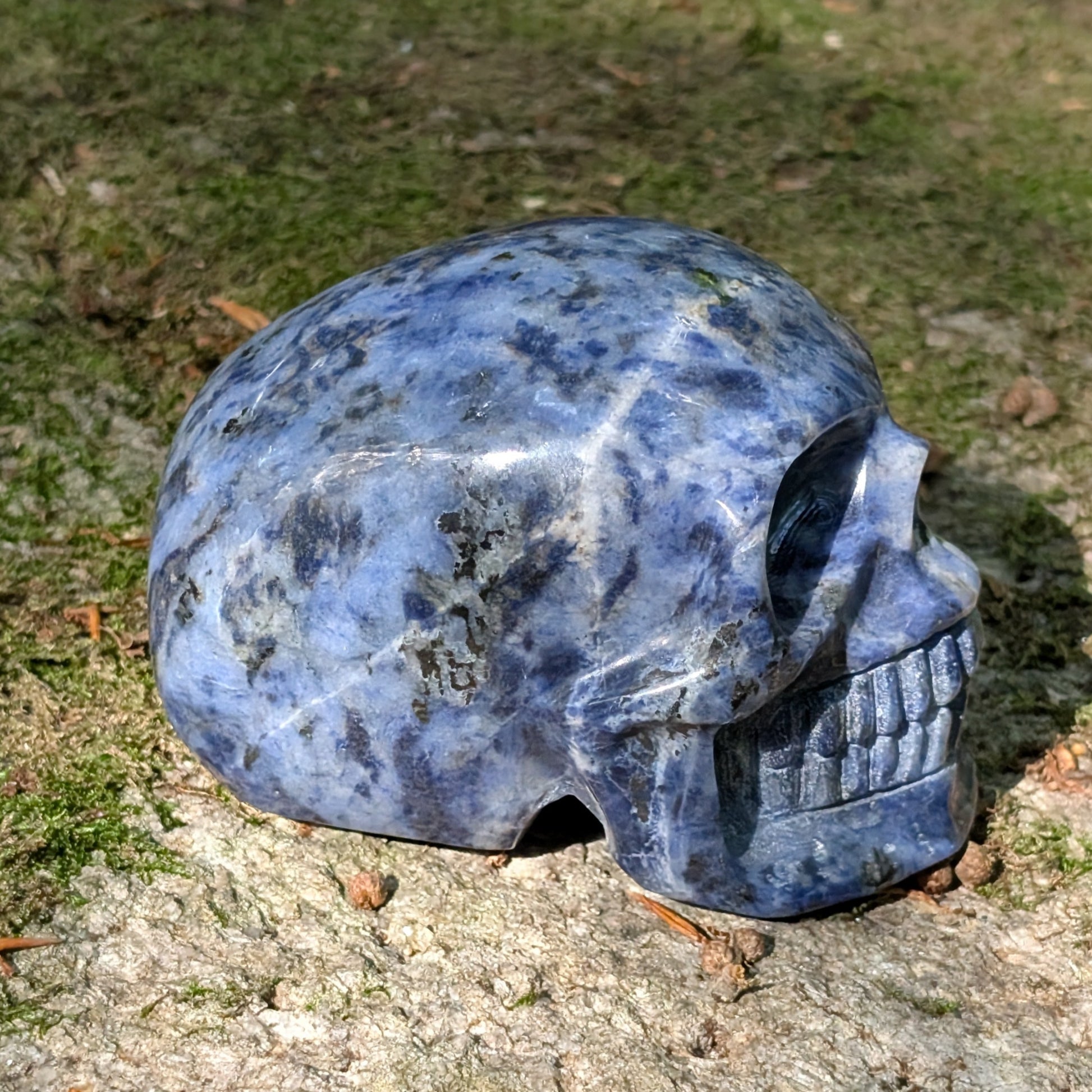 Kristallschädel "Ozean-Philosoph" aus Sodalith mit blau-weißer Maserung.