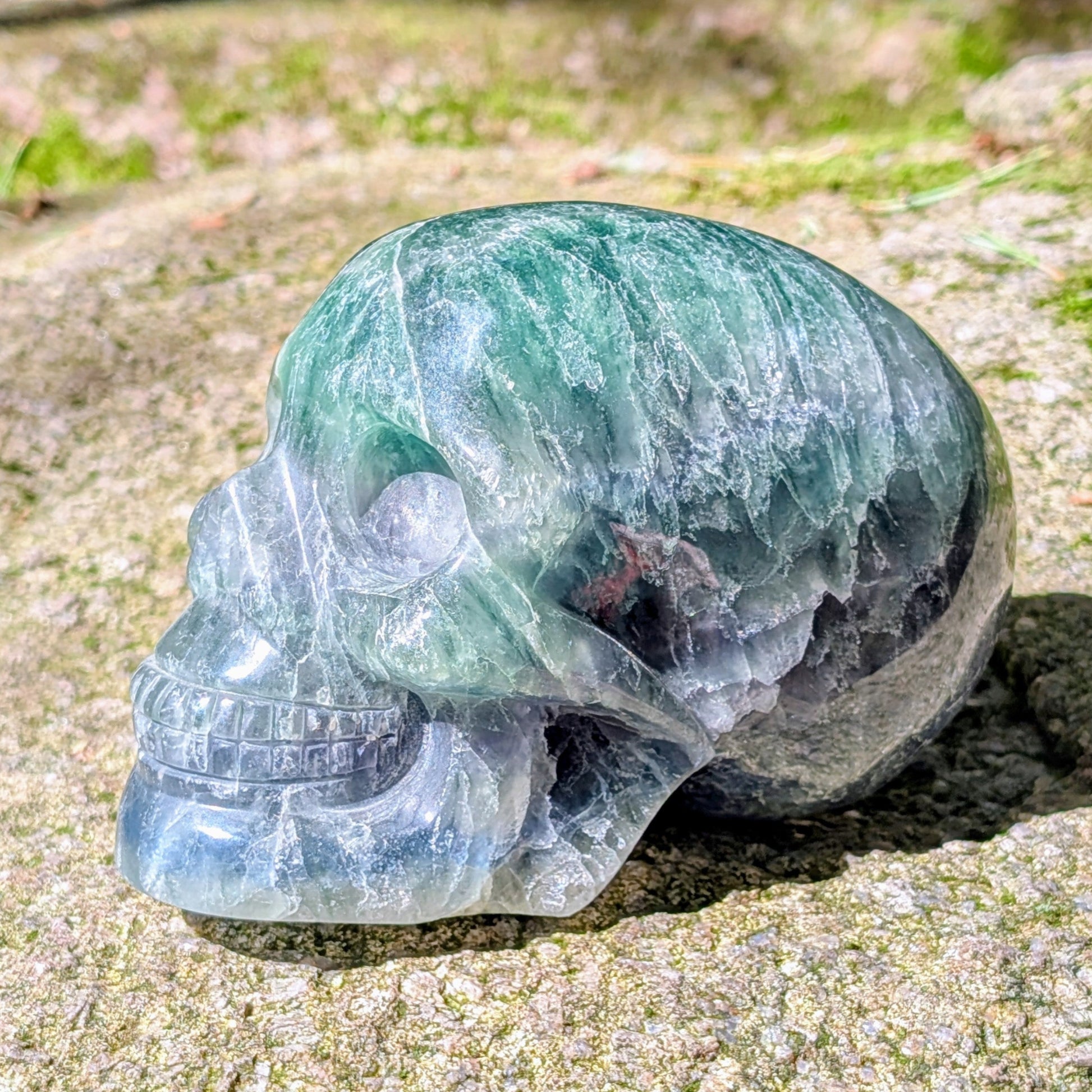 Kristallschädel "Regenbogenhüter" aus Regenbogenfluorit mit grünen, blauen und violetten Farbzonen.